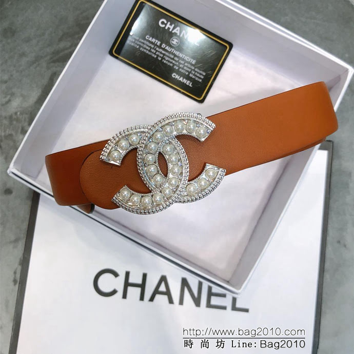 CHANEL香奈兒 18新款 CC珍珠水鑽扣 30MM精品光滑優雅皮帶 小紅書火爆款  xfp1006